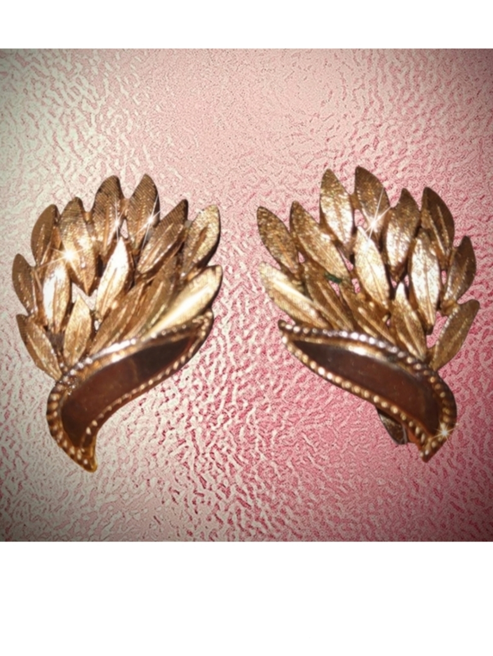 Trifari Stamped Clip On Vintage Brushed Gold Leaf Earrings